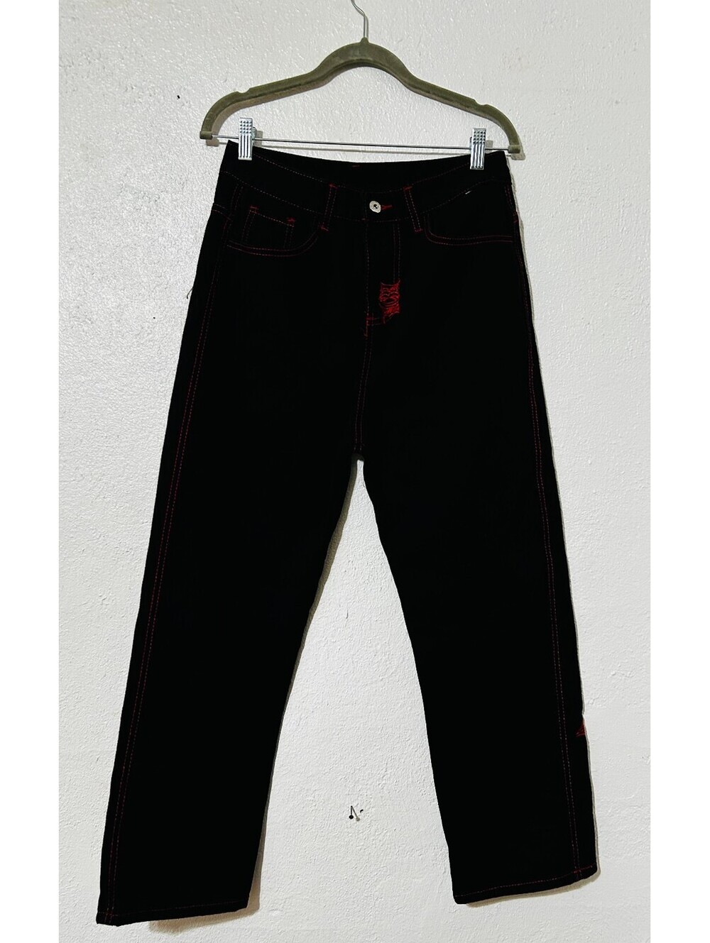 Black Denim Jeans Red Stitch Embroidered Skeleton Pants Men
